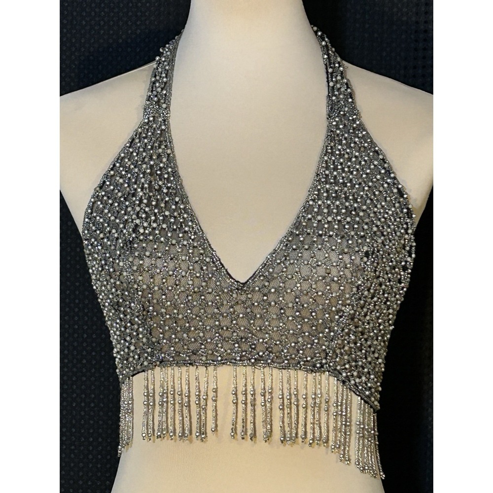 Vtg Pinup Burlesque Costume Black Silver Beaded Fringe Halter Top Showgirl OOAK
